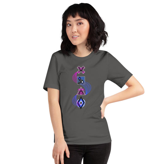 Asphalt grey unisex PlayStation controller symbols t-shirt with neon blue and pink swirl linking stylized cross (×), square (□), triangle (△), and circle (○) icons. Standing in front of a brick wall.