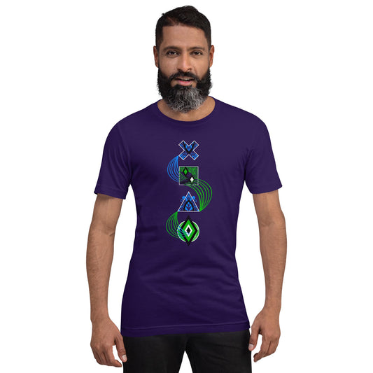 Vintage black unisex PlayStation controller symbols tee featuring neon-styled cross (×), square (□), triangle (△), and circle (○) icons connected by blue and green curved lines.