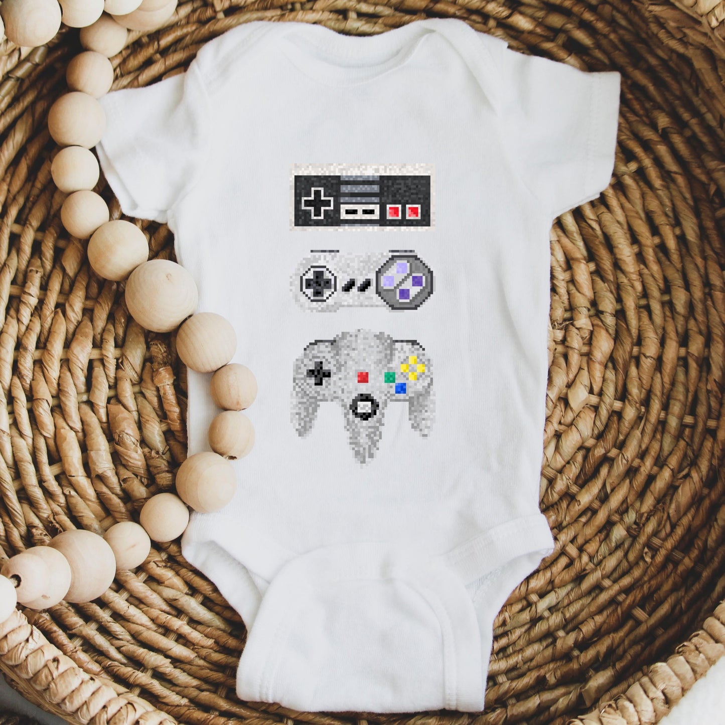 Retro Pixel Nintendo Onesie | NES, SNES, N64 Controller Baby Bodysuit