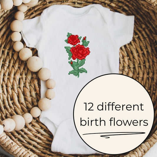 Custom Birth Flower Onesie | 12 Pixel Flower Birthday Month Bouquet Baby Bodysuit