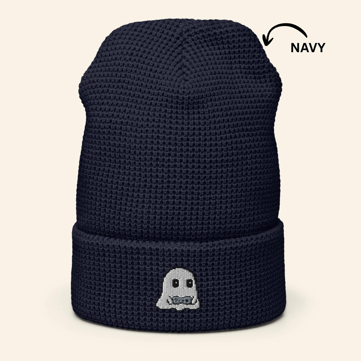 Pixel Gamer Ghost Beanie | Embroidered Waffle Knit Winter Hat