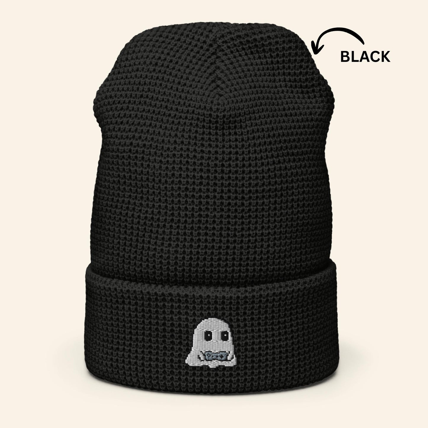 Pixel Gamer Ghost Beanie | Embroidered Waffle Knit Winter Hat