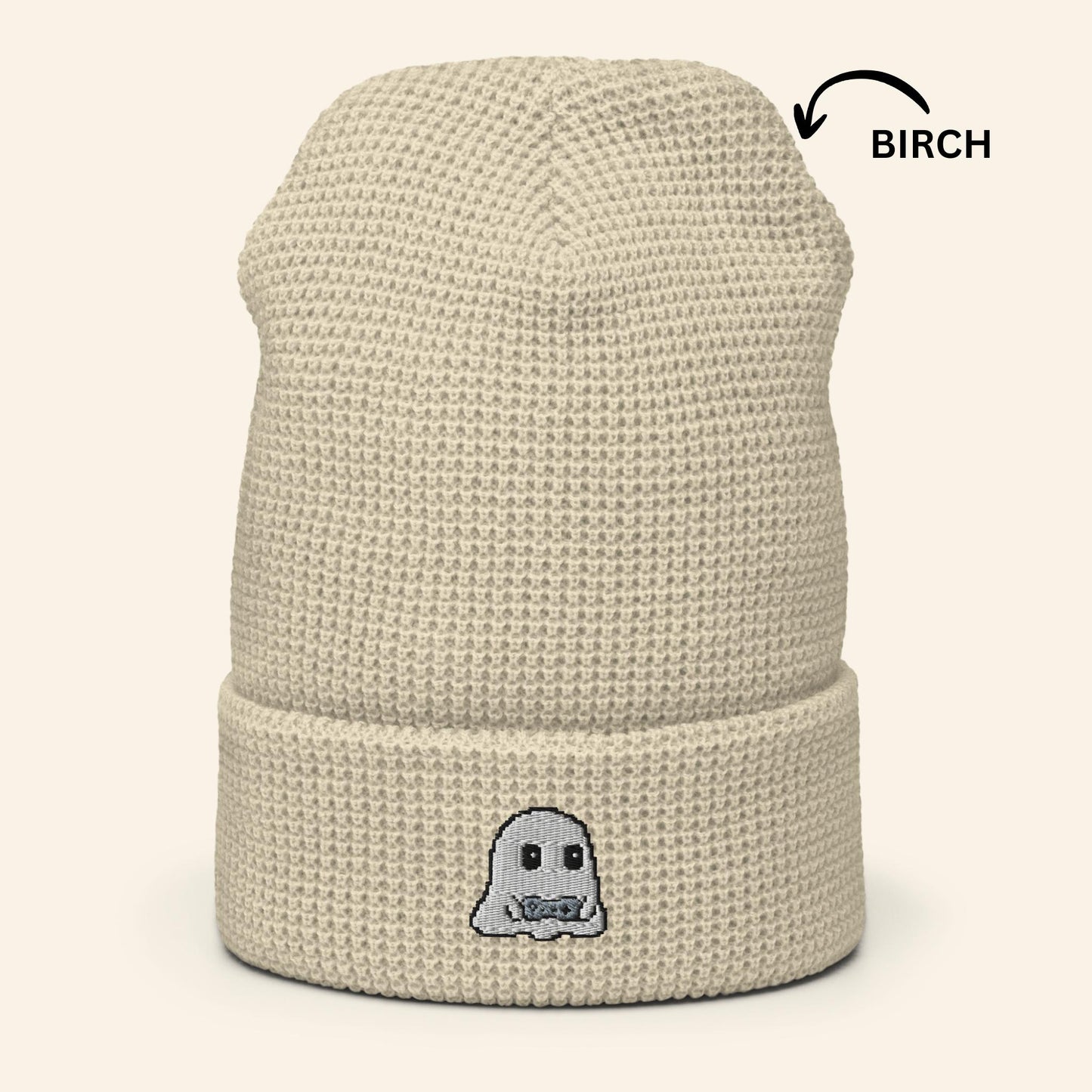 Pixel Gamer Ghost Beanie | Embroidered Waffle Knit Winter Hat